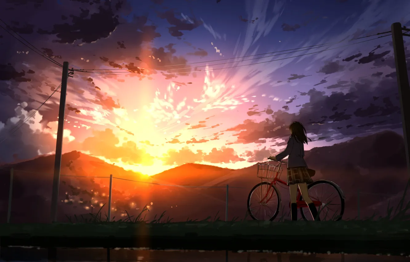 Photo wallpaper girl, sunset, bike