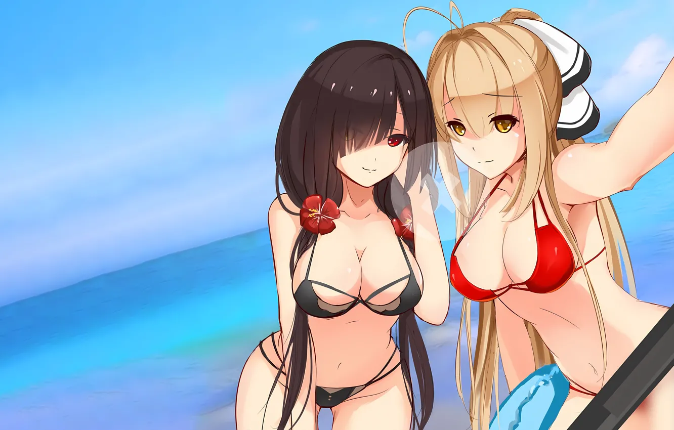 Photo wallpaper sexy, cleavage, beach, long hair, girls, brown hair, boobs, anime