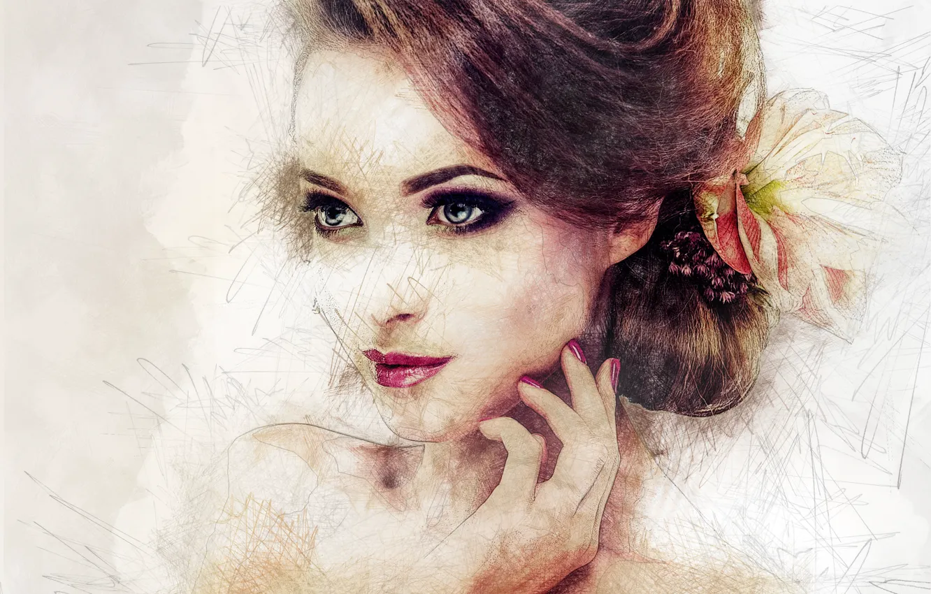 Photo wallpaper girl, face, smile, art, hairstyle