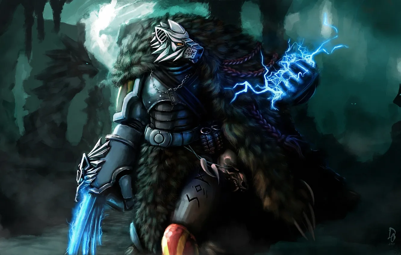 Photo wallpaper weapons, magic, lightning, monster, warrior, art, cave