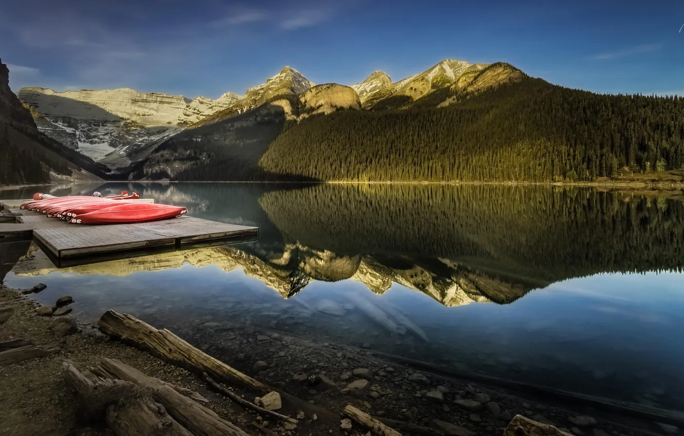 Photo wallpaper forest, mountains, lake, reflection, Marina, Canada, canoe