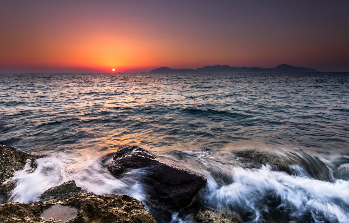 Photo wallpaper water, the sun, landscape, sunset, squirt, stones, shore