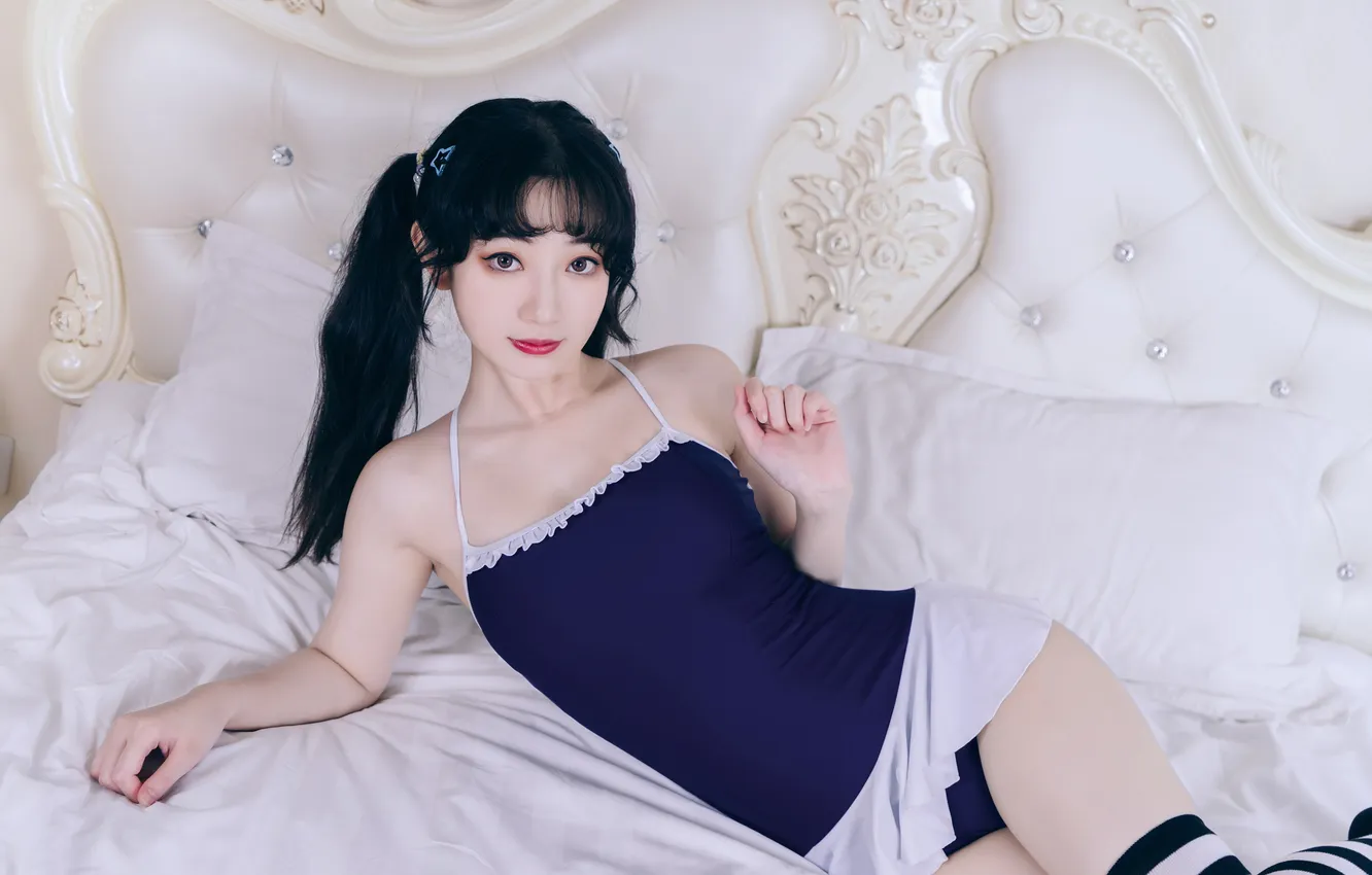 Photo wallpaper woman, beautiful, model, pretty, bed, asian, bedroom, lying down