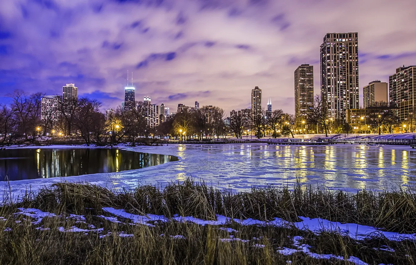 Photo wallpaper winter, water, clouds, lights, lake, ice, skyscrapers, the evening