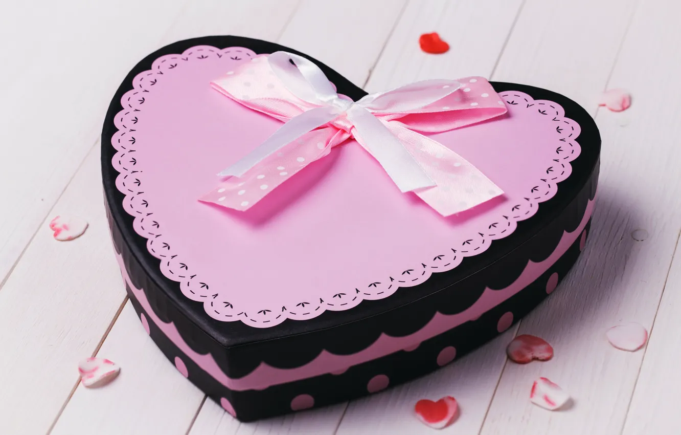 Photo wallpaper pink, box, heart, hearts, cake, bow, Valentine's day, ribbon
