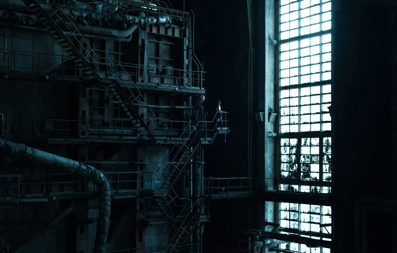 Photo wallpaper girl, window, pipe, ladder