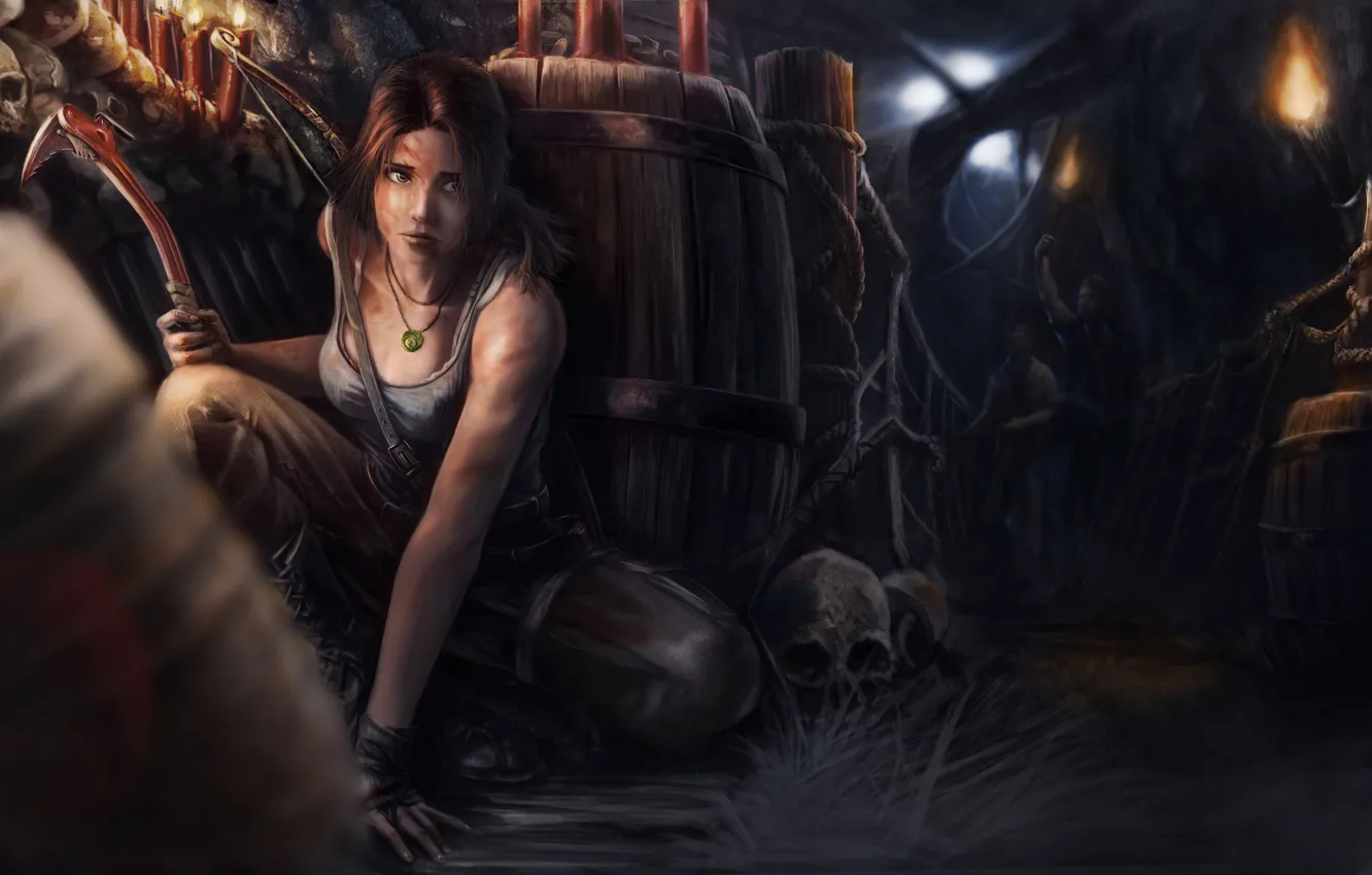 Photo wallpaper girl, candles, skull, Tomb Raider, Lara Croft, barrels, torches, Lara Croft