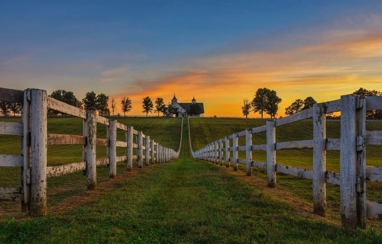 Photo wallpaper road, sunset, the fence, home