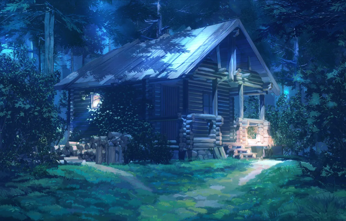 Photo wallpaper forest, night, hut, Everlasting Summer, Summer camp