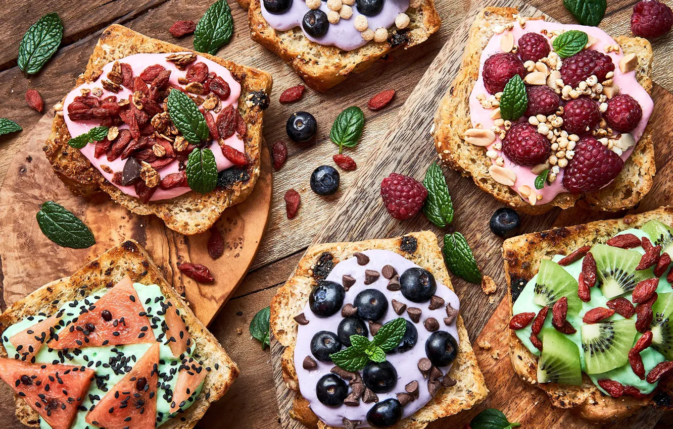 Photo wallpaper Board, kiwi, sandwiches, blueberries, berries, raspberry, mint