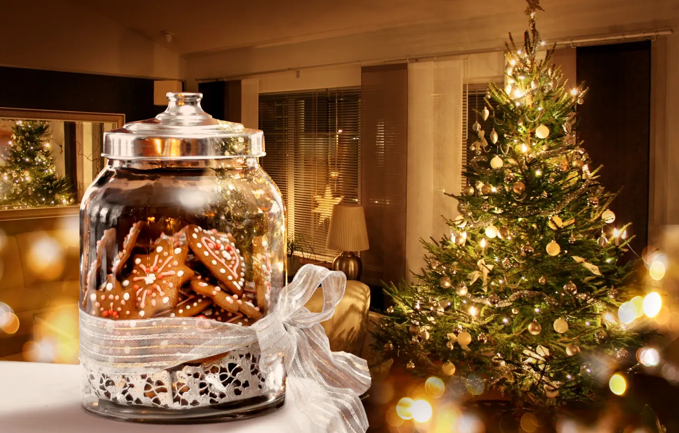 Photo wallpaper decoration, lights, lights, tree, interior, sweets, New year, new year