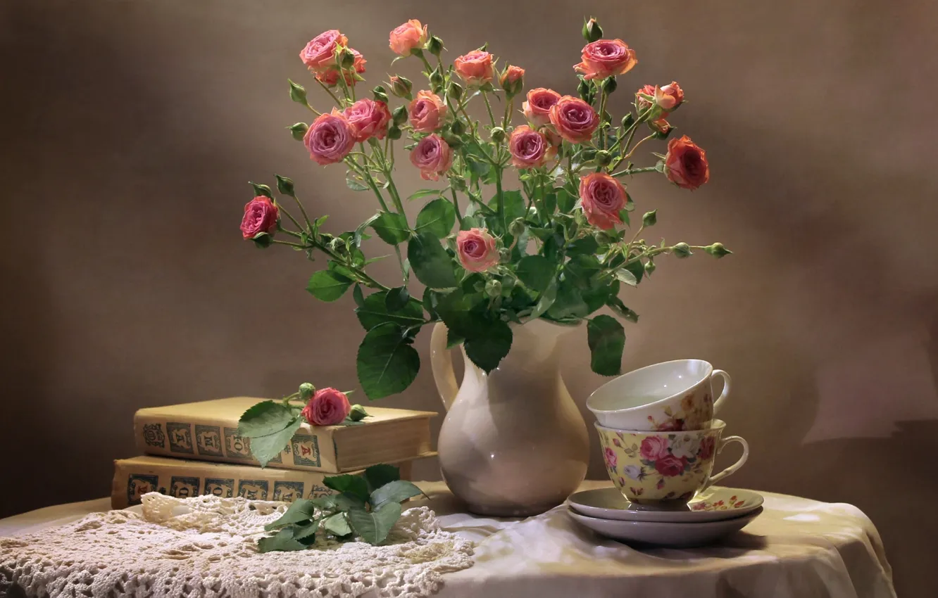 Photo wallpaper books, roses, bouquet, Cup, still life