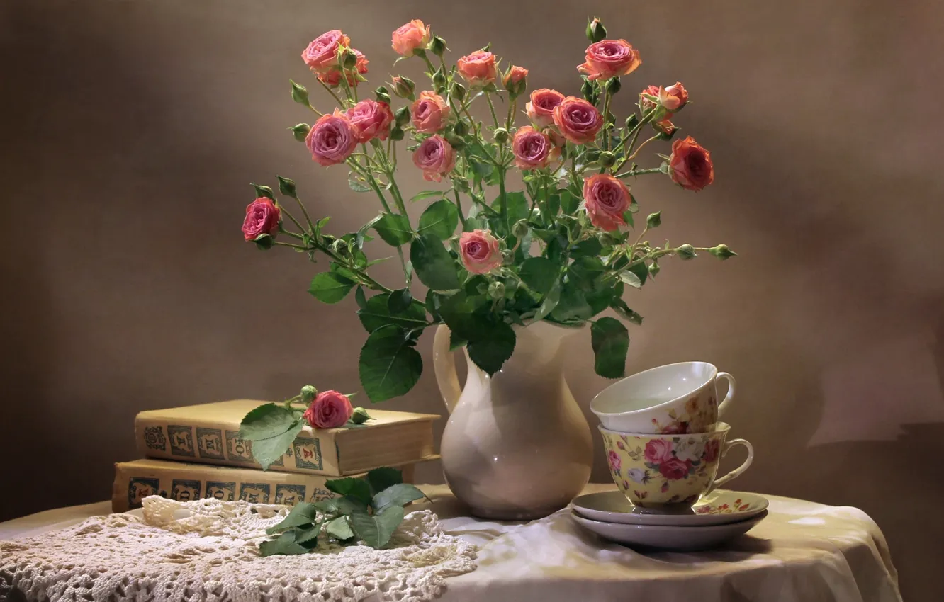 Photo wallpaper roses, bouquet, Cup, book, still life