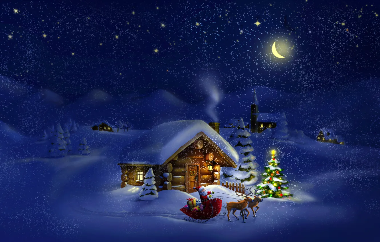 Photo wallpaper new year, night, winter, snow, santa claus, sleigh