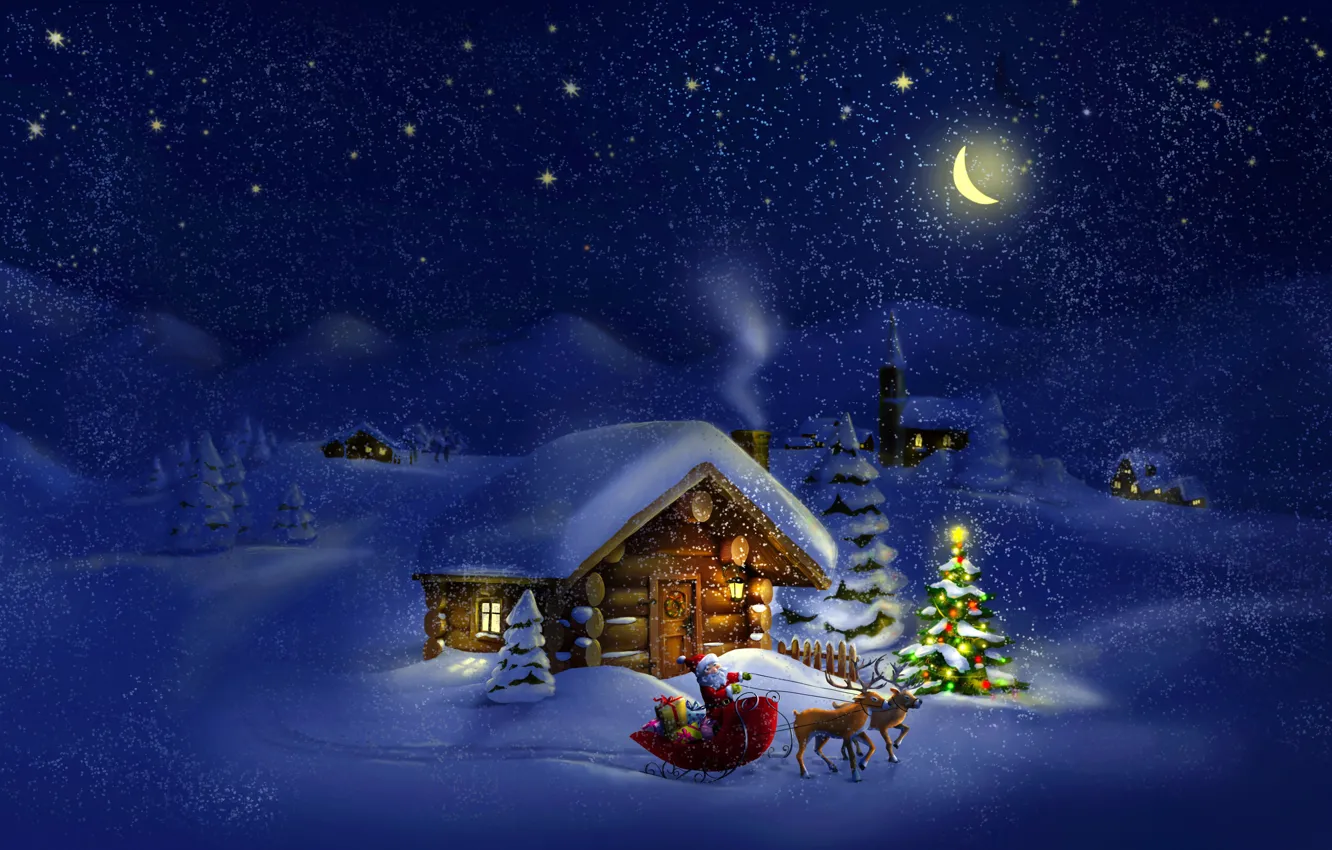 Photo wallpaper night, winter, snow, New Year, Santa Claus, Sleigh