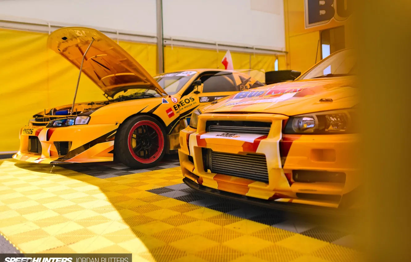 Photo wallpaper yellow, race, Nissan, drift car