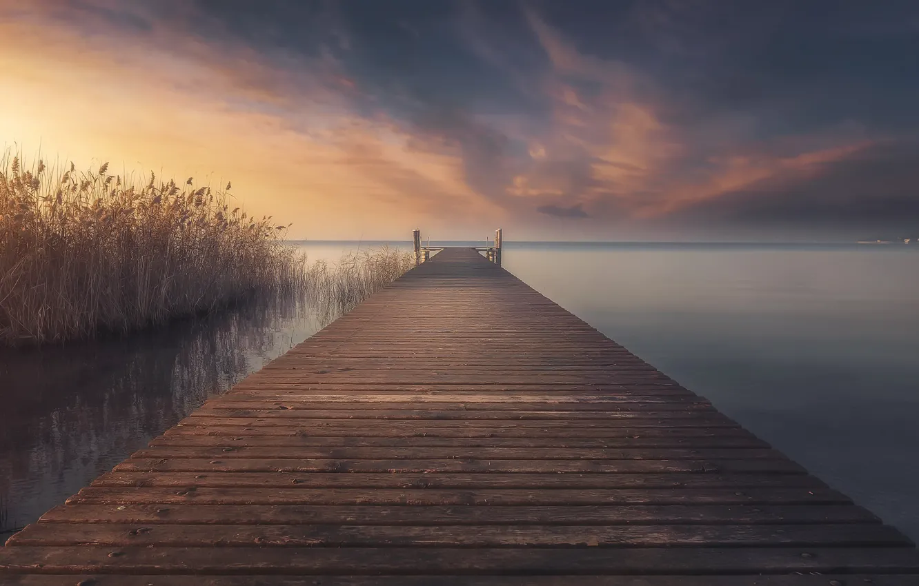 Photo wallpaper bridge, lake, reed