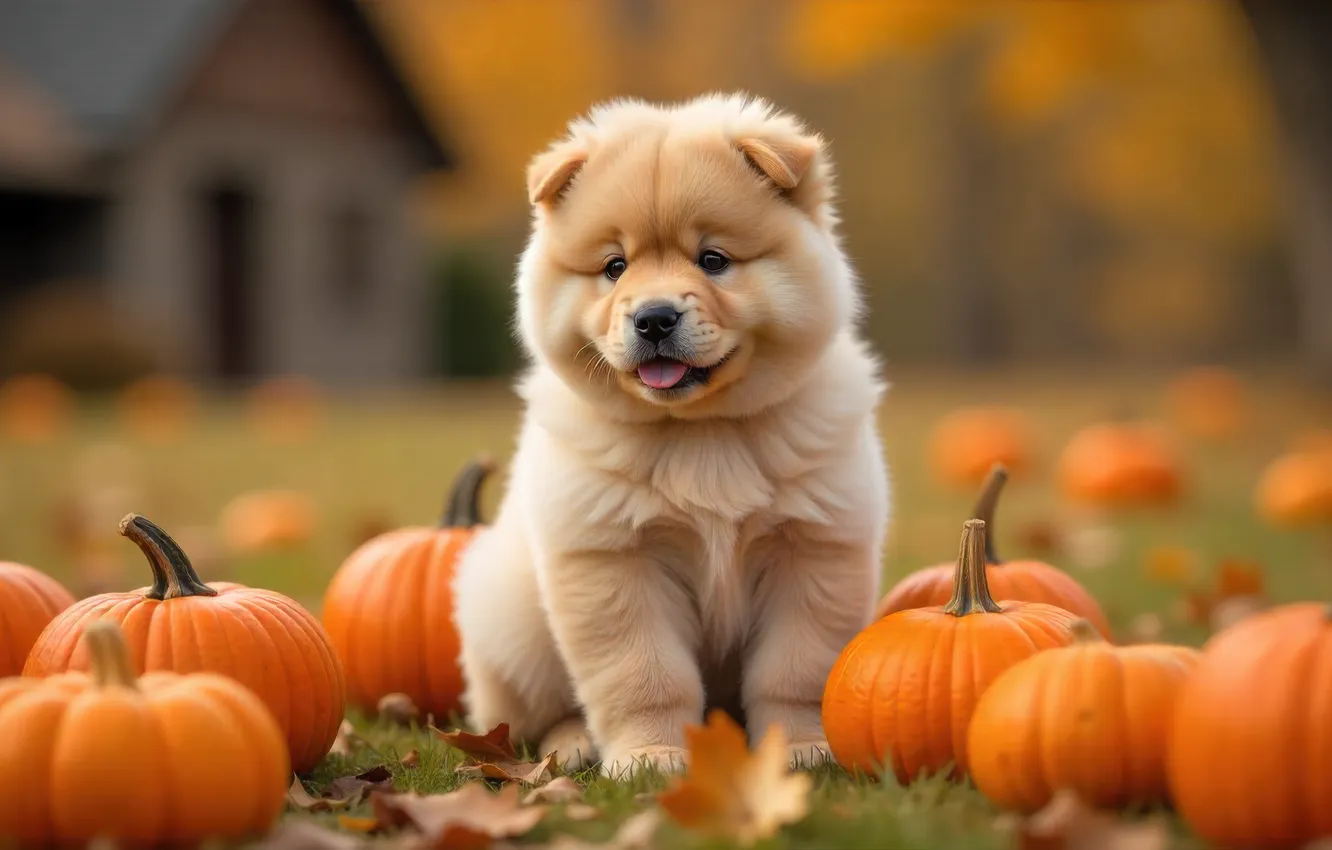 Photo wallpaper field, autumn, language, look, foliage, dog, harvest, puppy