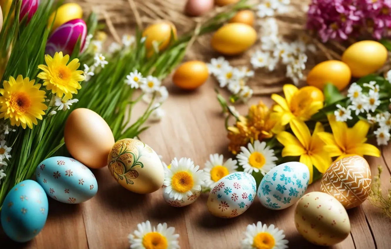Photo wallpaper flowers, eggs, spring, colorful, Easter, flowers, spring, Easter