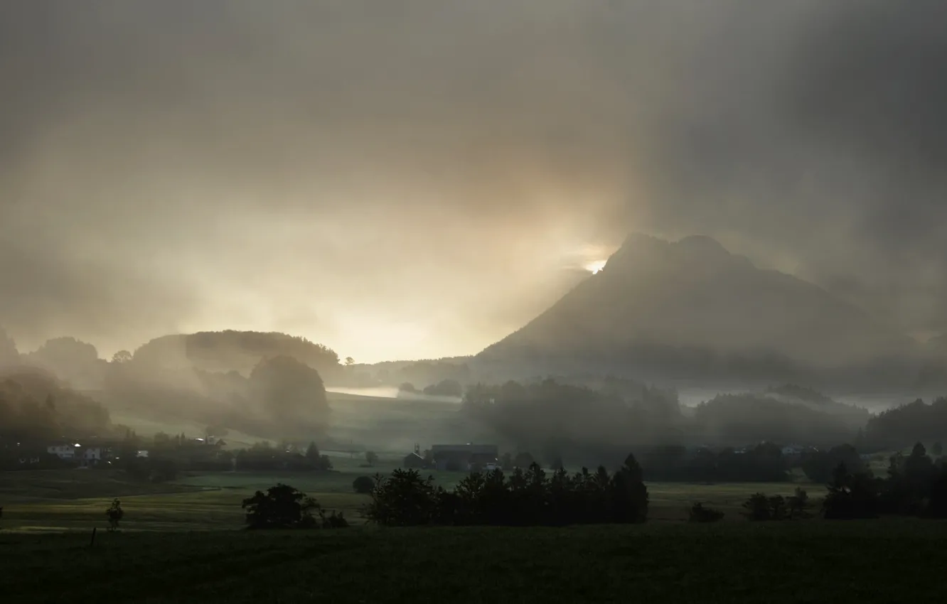Photo wallpaper field, grass, trees, mountains, fog, home, settlement