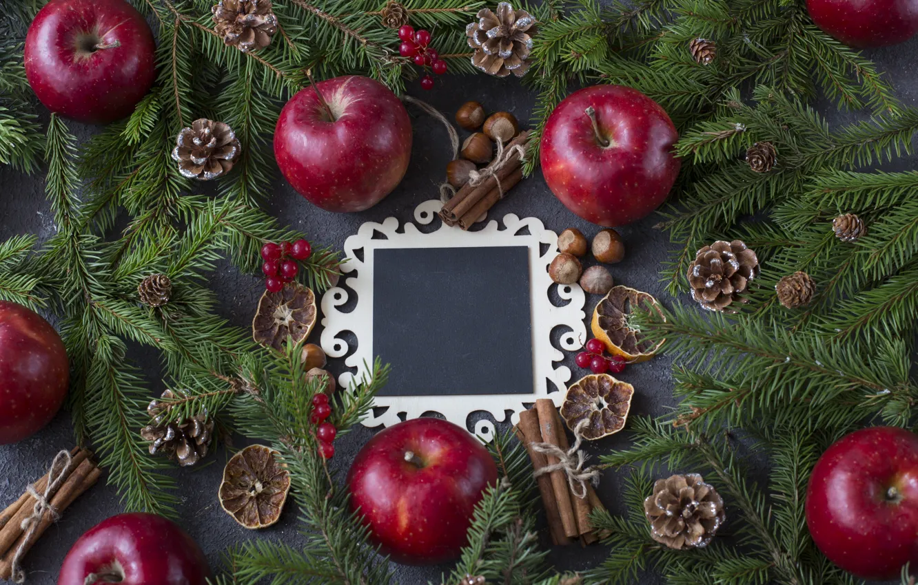 Photo wallpaper decoration, apples, Christmas, New year, christmas, new year, wood, merry