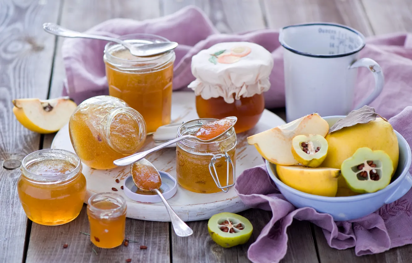 Photo wallpaper jars, dishes, banks, fruit, jam, jam, quince, spoon