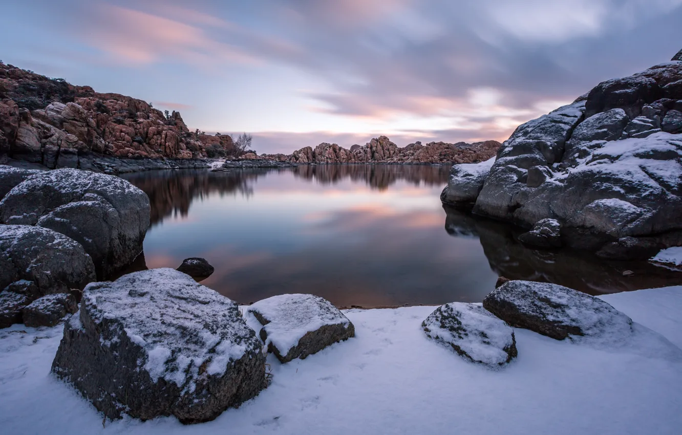 Photo wallpaper winter, lake, sunrise, morning, Arizona, Prescott, Watson Lake