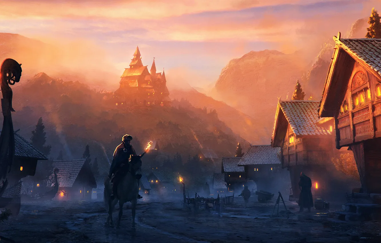 Photo wallpaper lights, fire, fantasy, twilight, sunset, mountains, people, houses