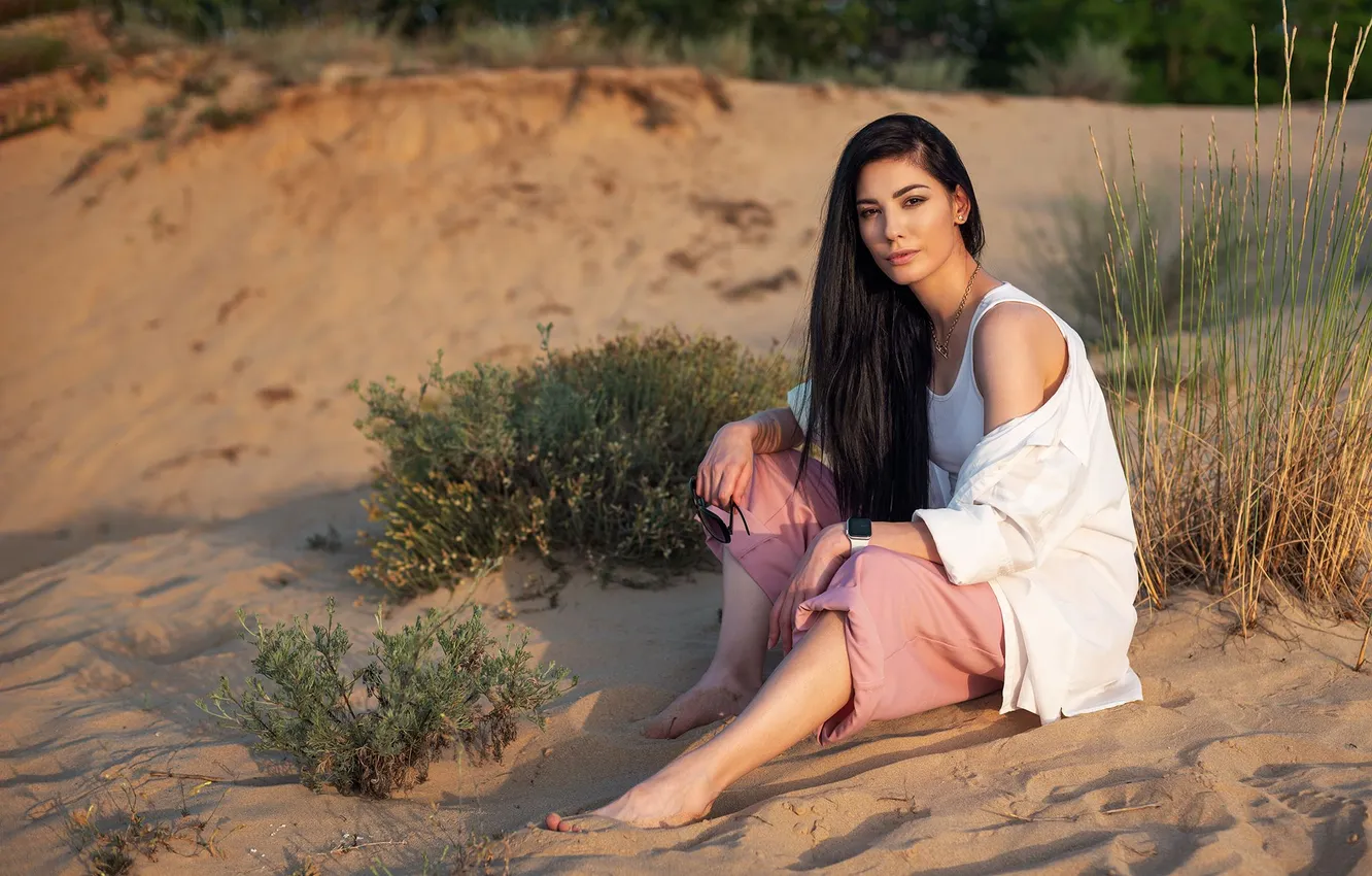 Photo wallpaper beautiful, beach, woman, brunette, model, long-haired, young, charming