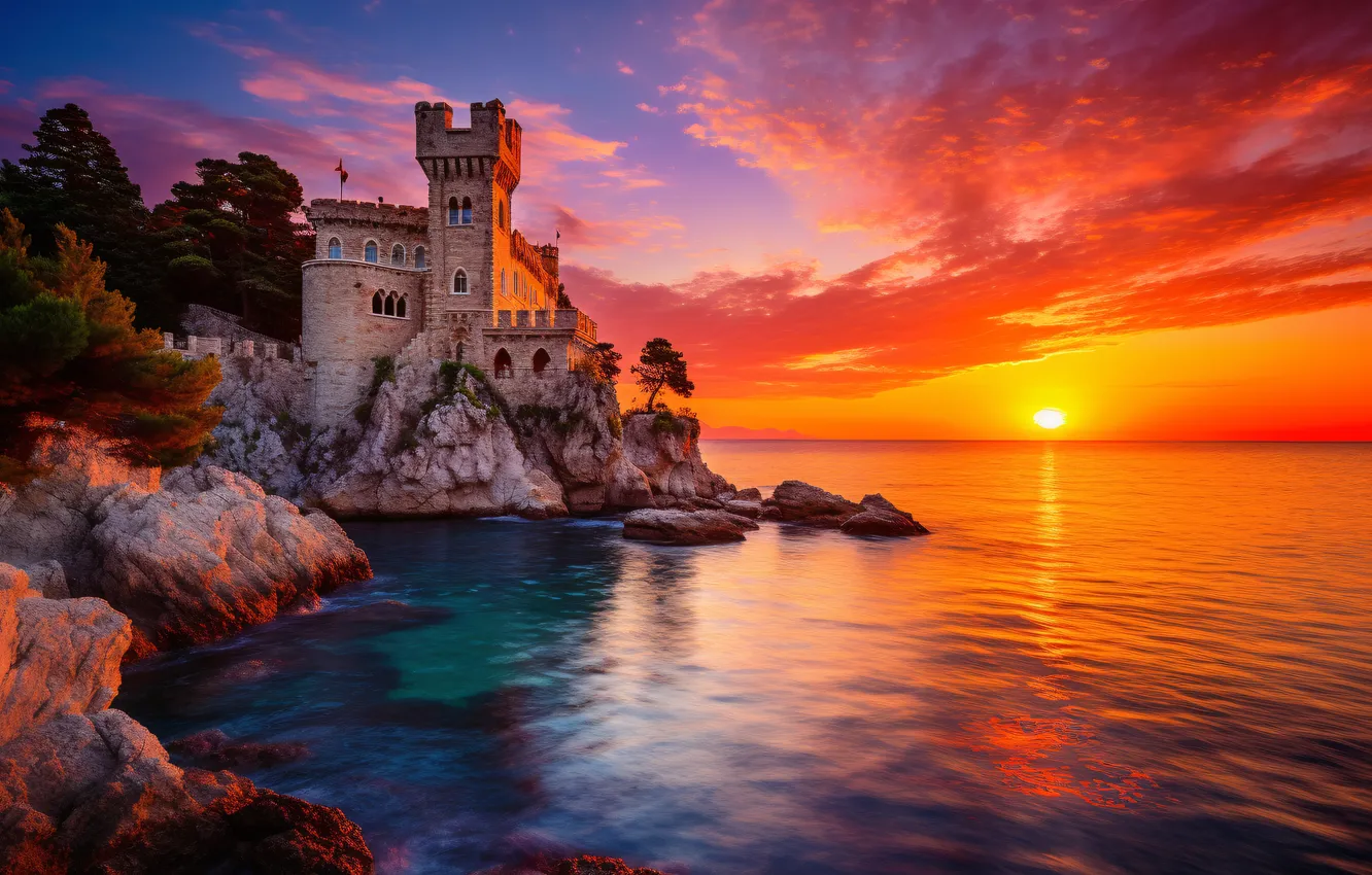 Photo wallpaper sea, the sky, sunset, clouds, castle, rocks, landscape, sunset