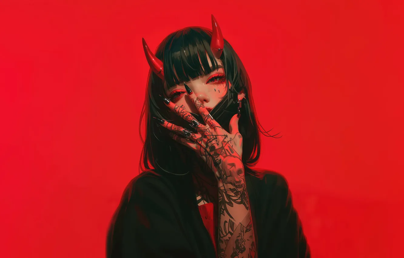 Photo wallpaper demon, girl, mask, horn, anime girl, AI Generated