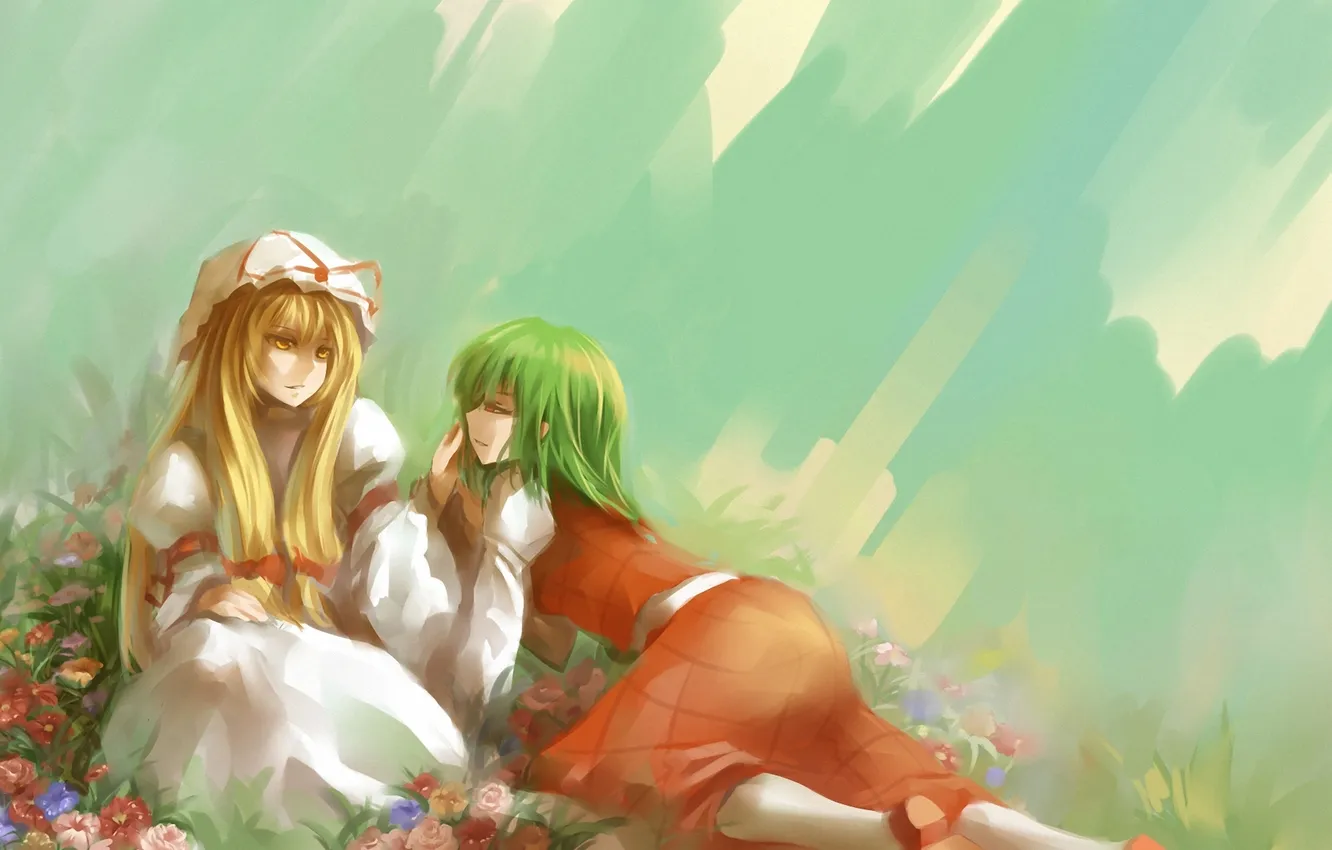 Photo wallpaper girl, flowers, background, art, field, touhou, madcocoon, Kazami Yuuka