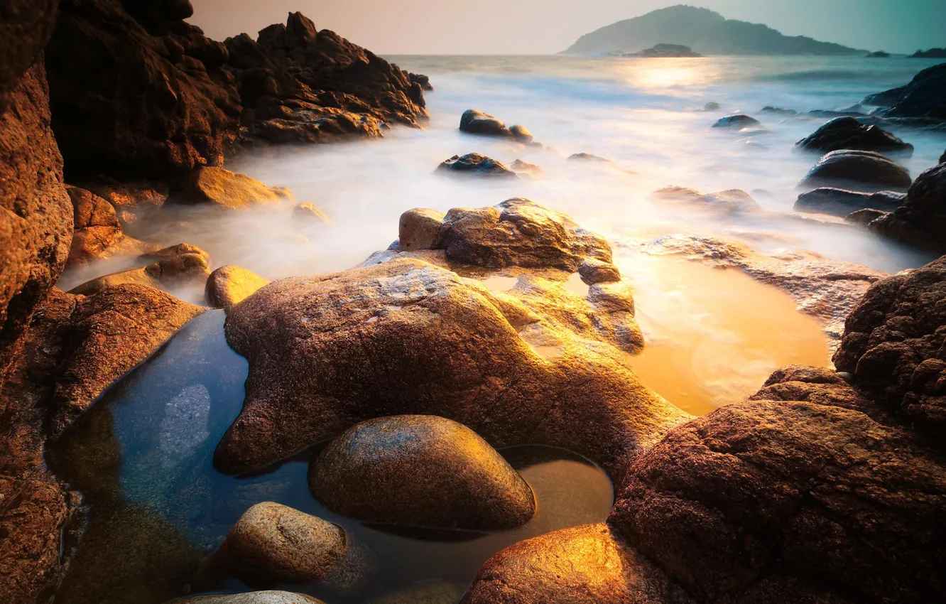 Photo wallpaper landscape, stones, the ocean, rocks, dawn, shore