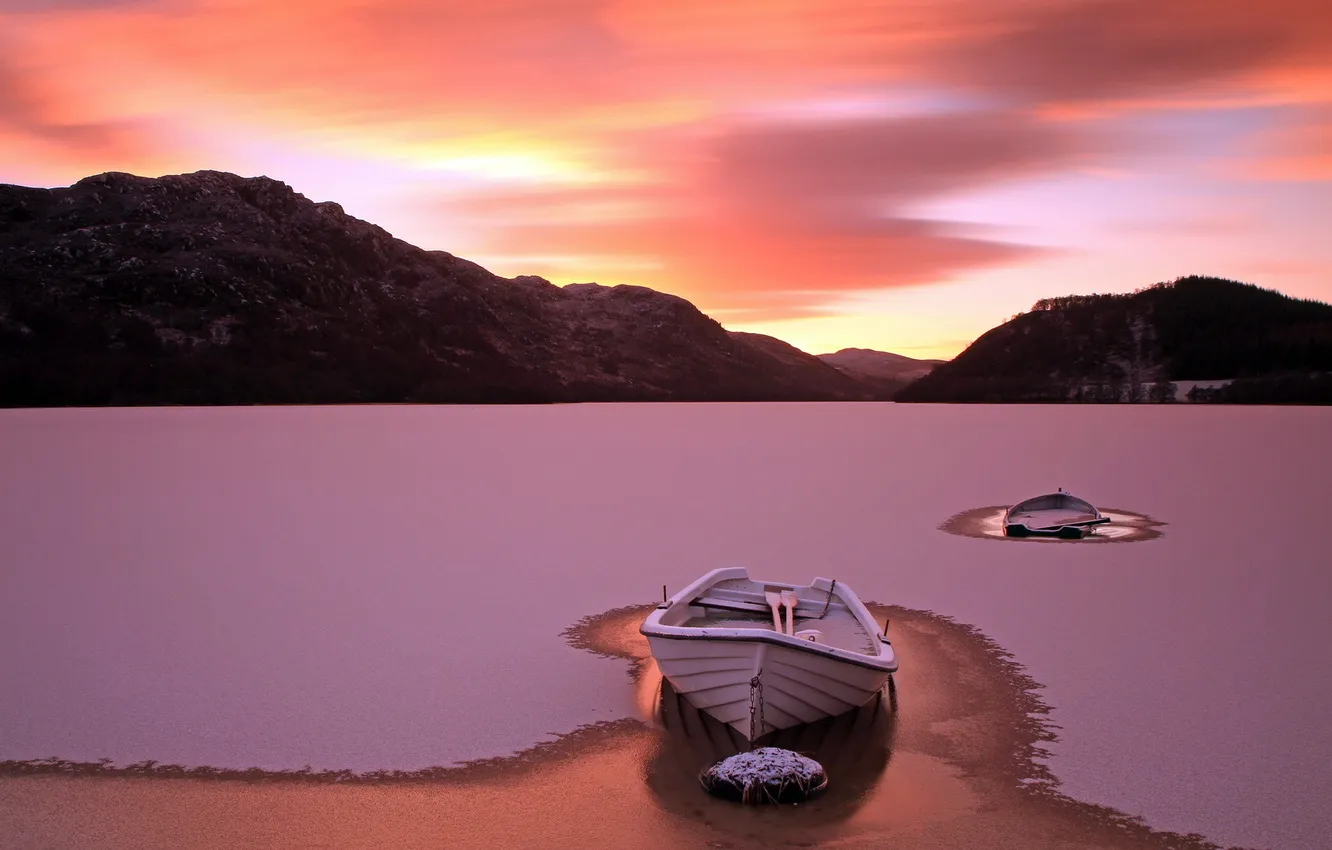 Photo wallpaper sunset, boat, ice
