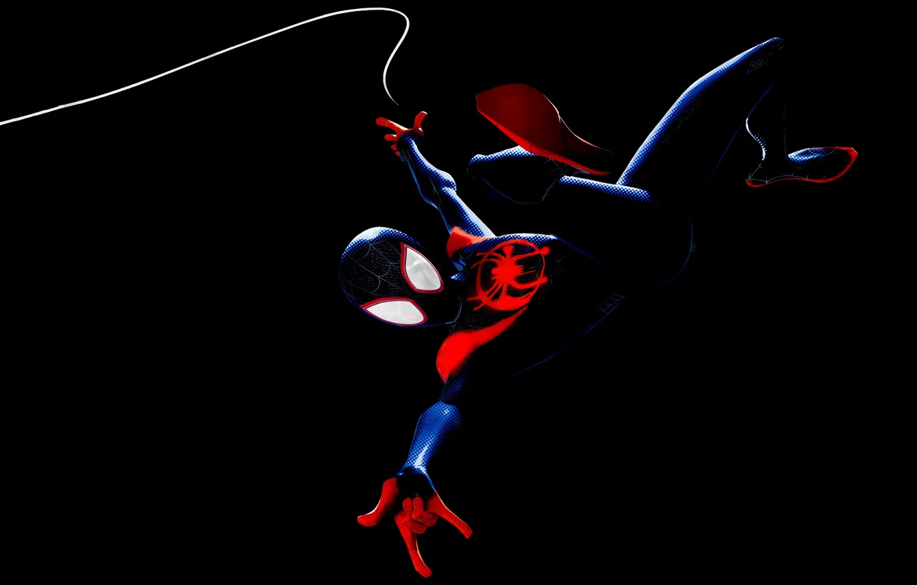 Photo wallpaper fiction, cartoon, web, costume, black background, poster, Miles Morales, Spider-man: universes