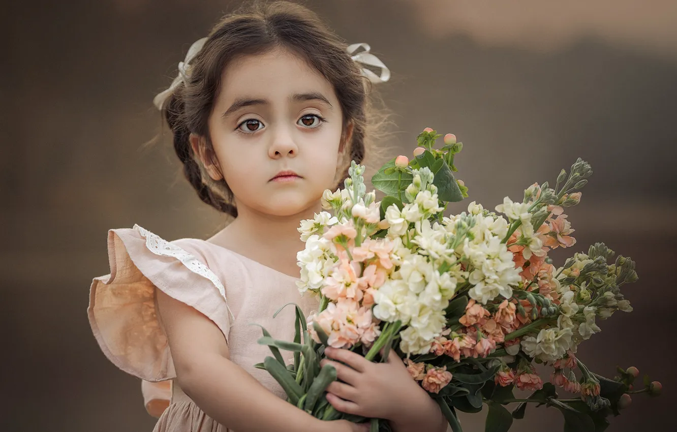 Photo wallpaper look, flowers, bouquet, girl