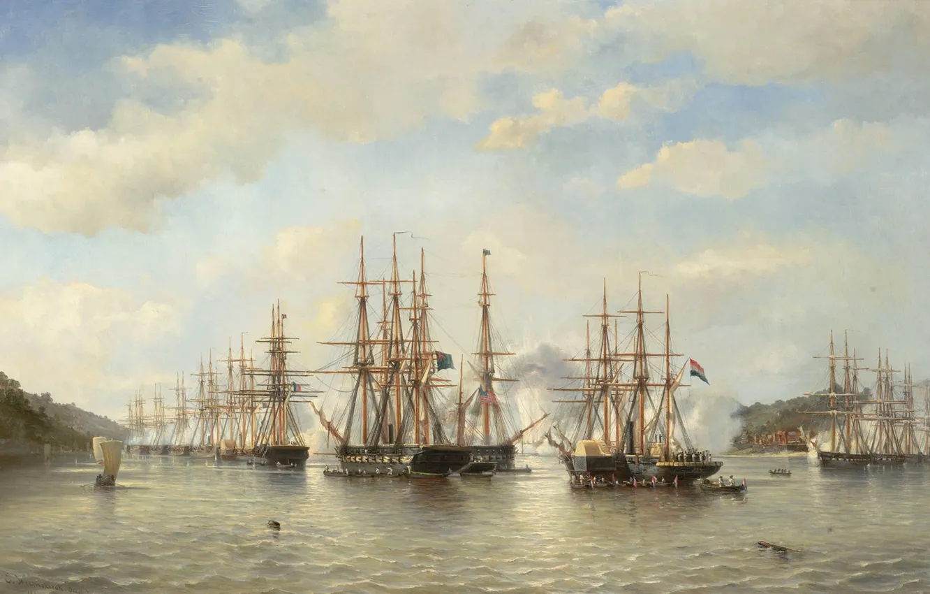 Photo wallpaper ship, oil, picture, canvas, 1864, Jacob Eduard van Heemskerck of Big, Jacob Eduard van Heemskerk …