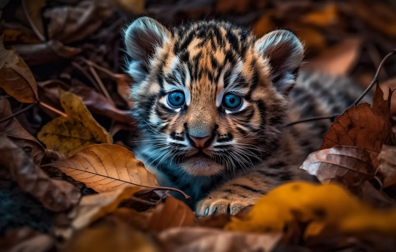 Photo wallpaper autumn, look, nature, tiger, foliage, portrait, baby, lies