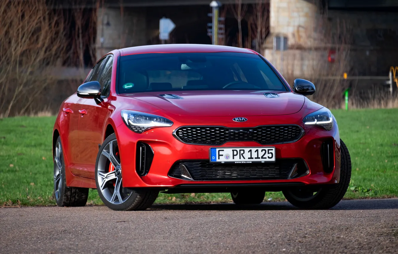 Photo wallpaper red, lawn, KIA, Kia, the five-door, Stinger, Stinger GT, fastback