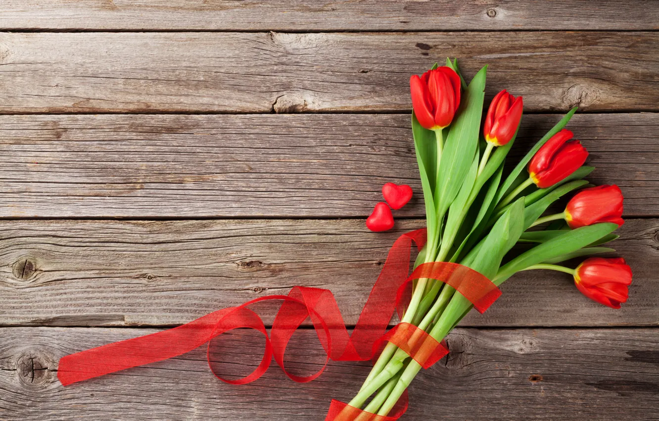 Photo wallpaper love, flowers, gift, bouquet, hearts, tulips, red, love