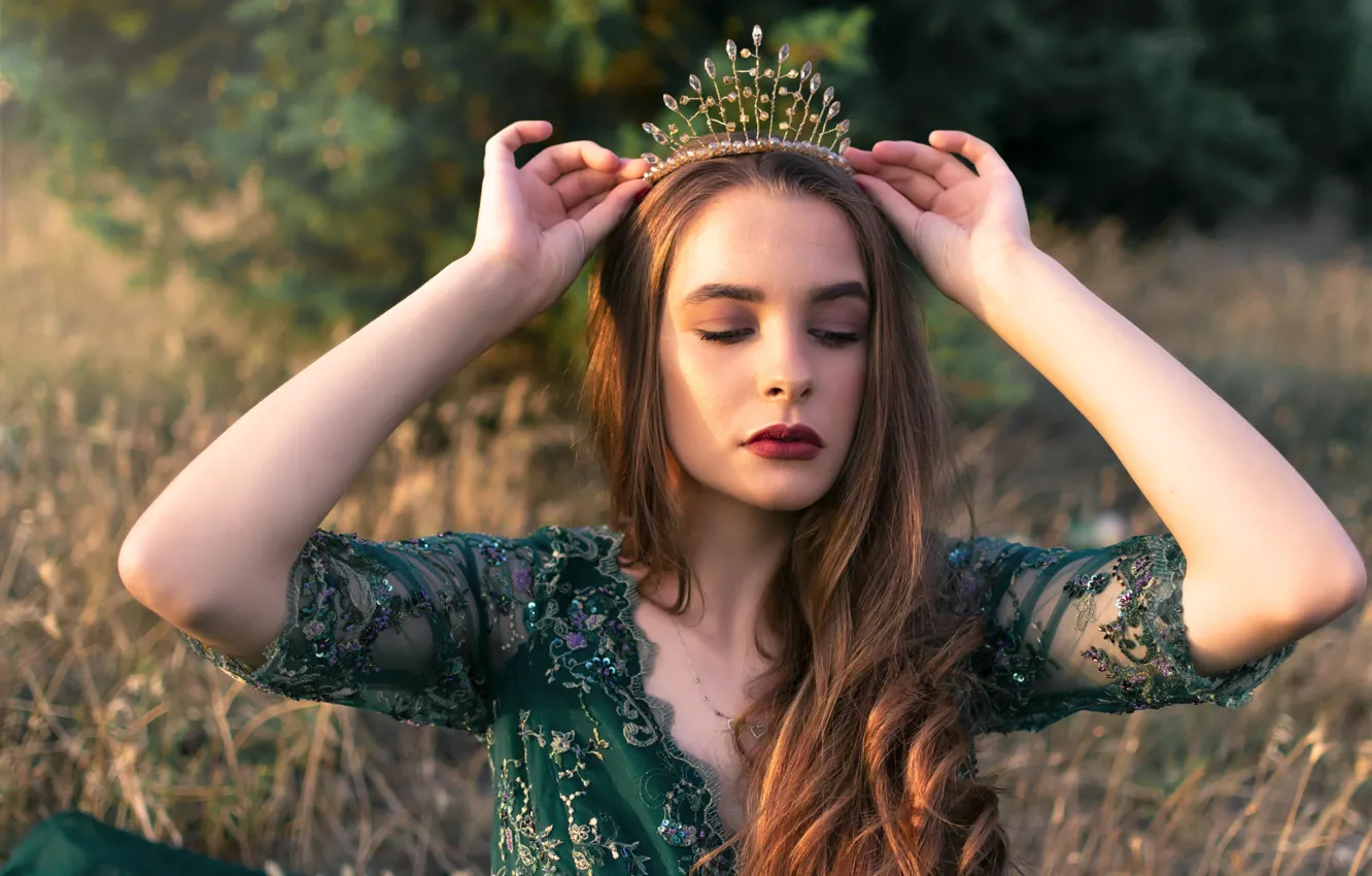 Photo wallpaper grass, girl, light, face, pose, style, glade, portrait