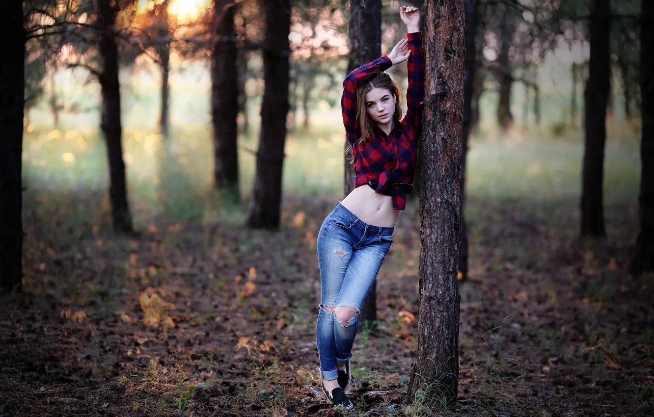Photo wallpaper girl, forest, trees, nature, photo, photographer, blue eyes, leaves