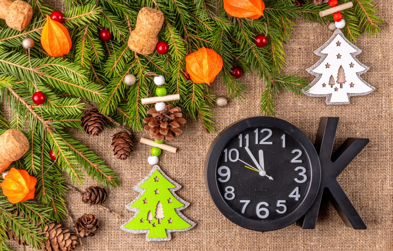 Photo wallpaper balls, branches, arrows, watch, new year, Christmas, tube, herringbone
