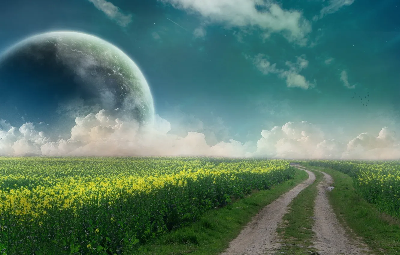 Photo wallpaper road, field, the sky, clouds, planet