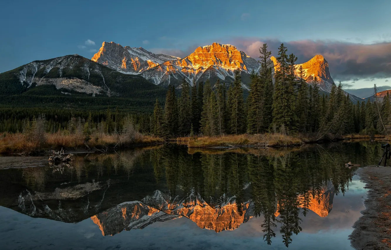 Photo wallpaper forest, mountains, reflection, river, Canada, Albert, Alberta, Canada