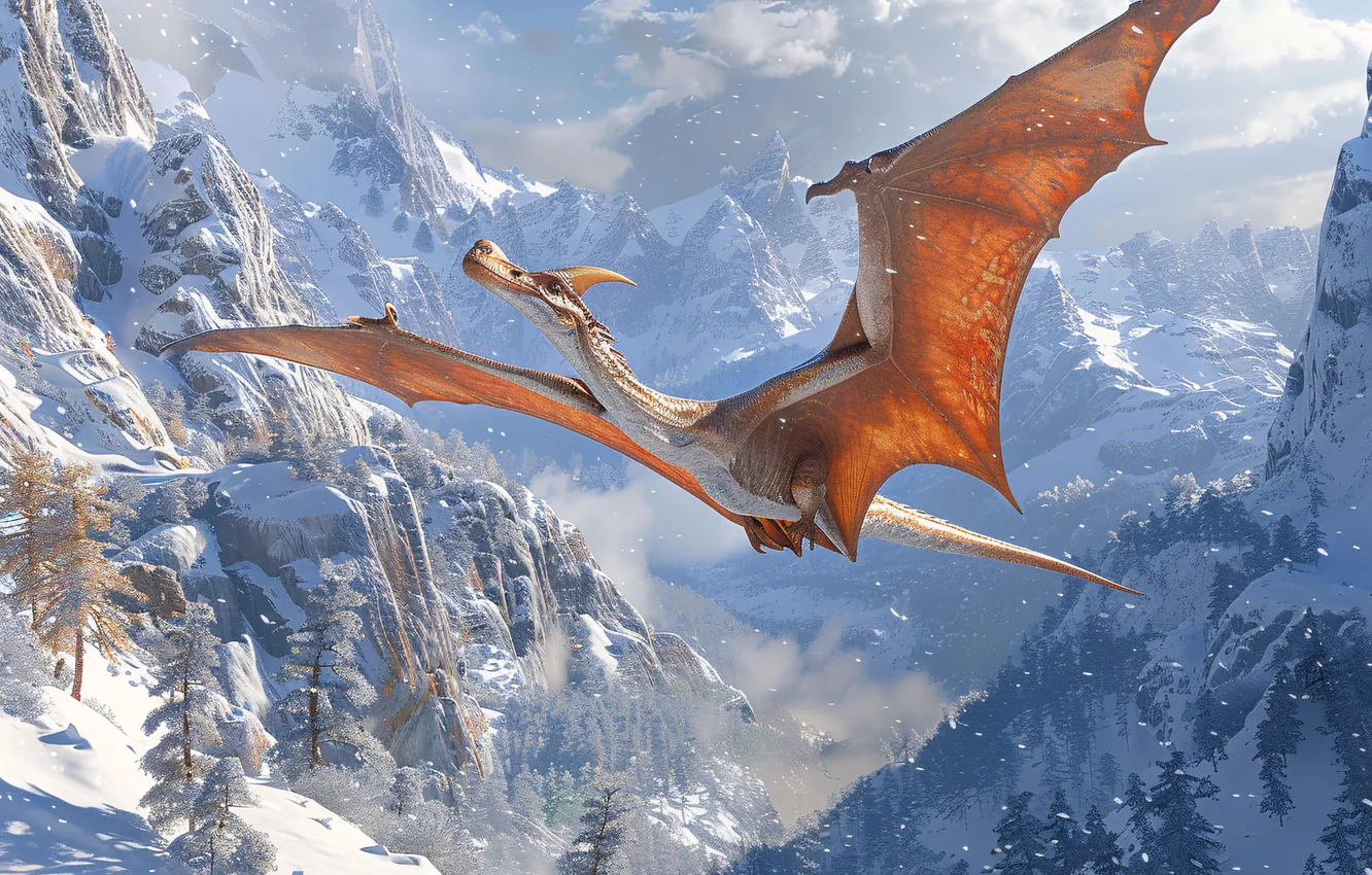 Photo wallpaper flight, mountains, animal, wings, dinosaur, pterodactyl, digital art, Ancient animals