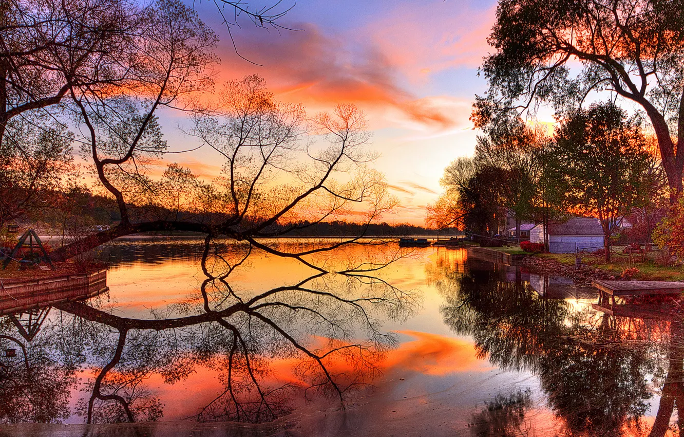 Photo wallpaper the sky, sunset, reflection, river, tree, shore