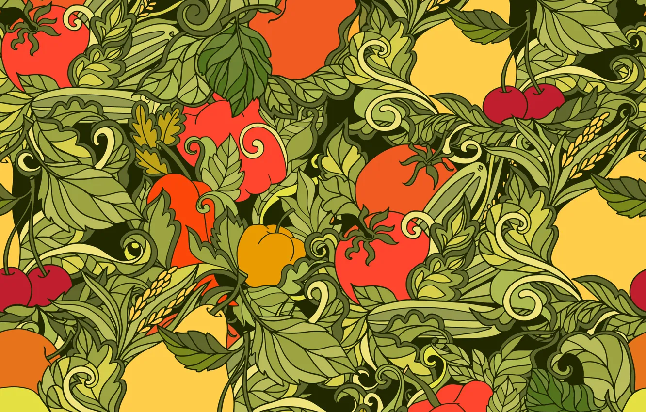 Photo wallpaper abstraction, background, texture, pattern, fruits, vegetables, Leaves, seamless