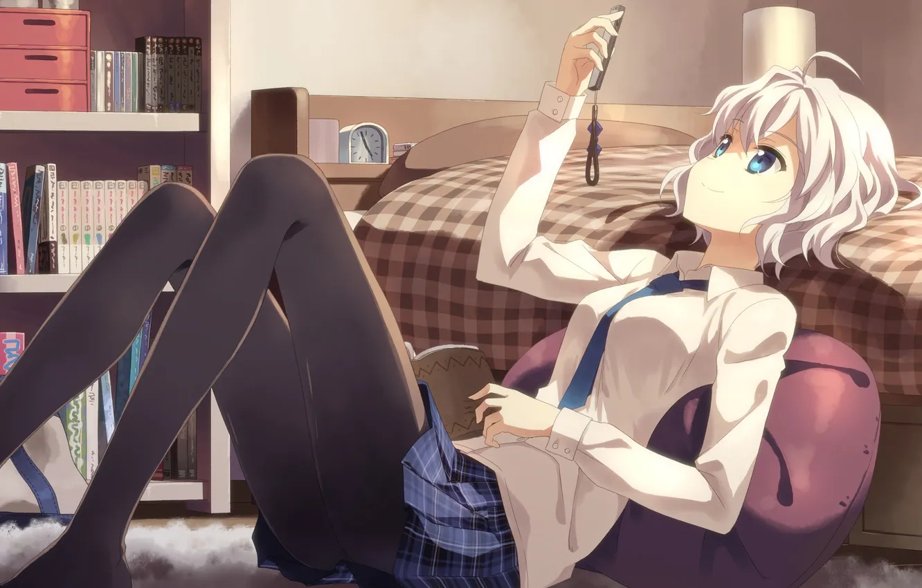 Photo wallpaper girl, room, book, schoolgirl, art, yuuki tatsuya, cell phone
