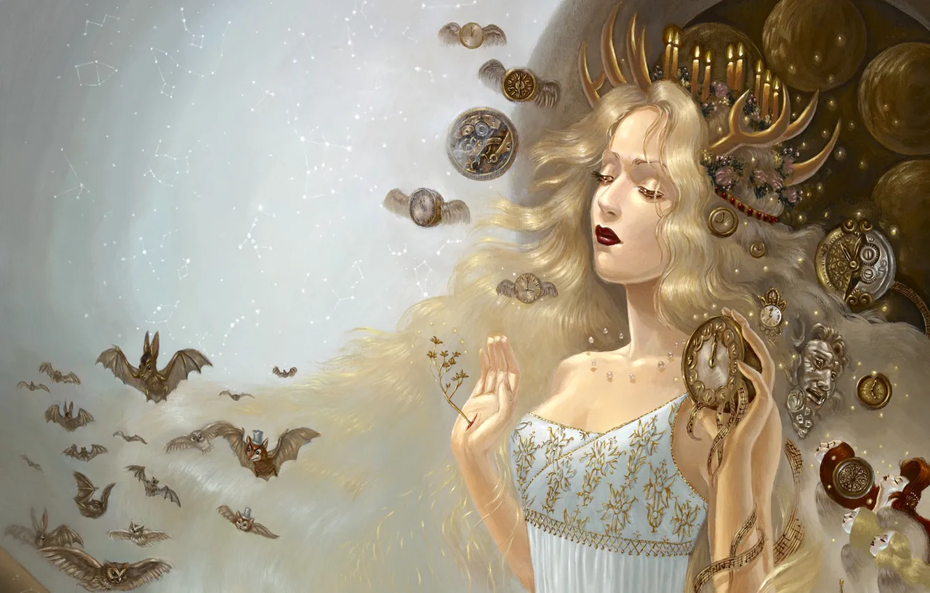 Photo wallpaper girl, animal, constellation, blonde hair